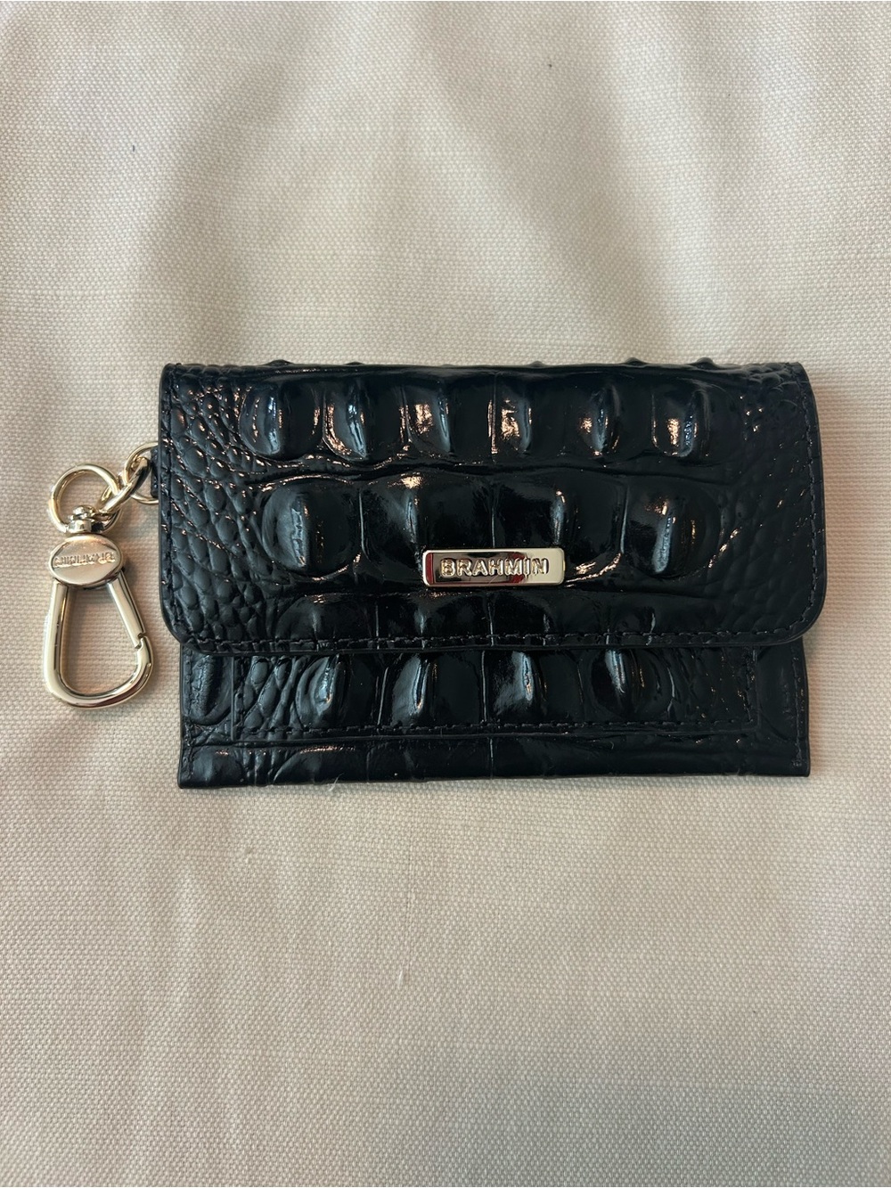 Brahmin Black Croc-Embossed Leather Key Pouch with Gold Hardware